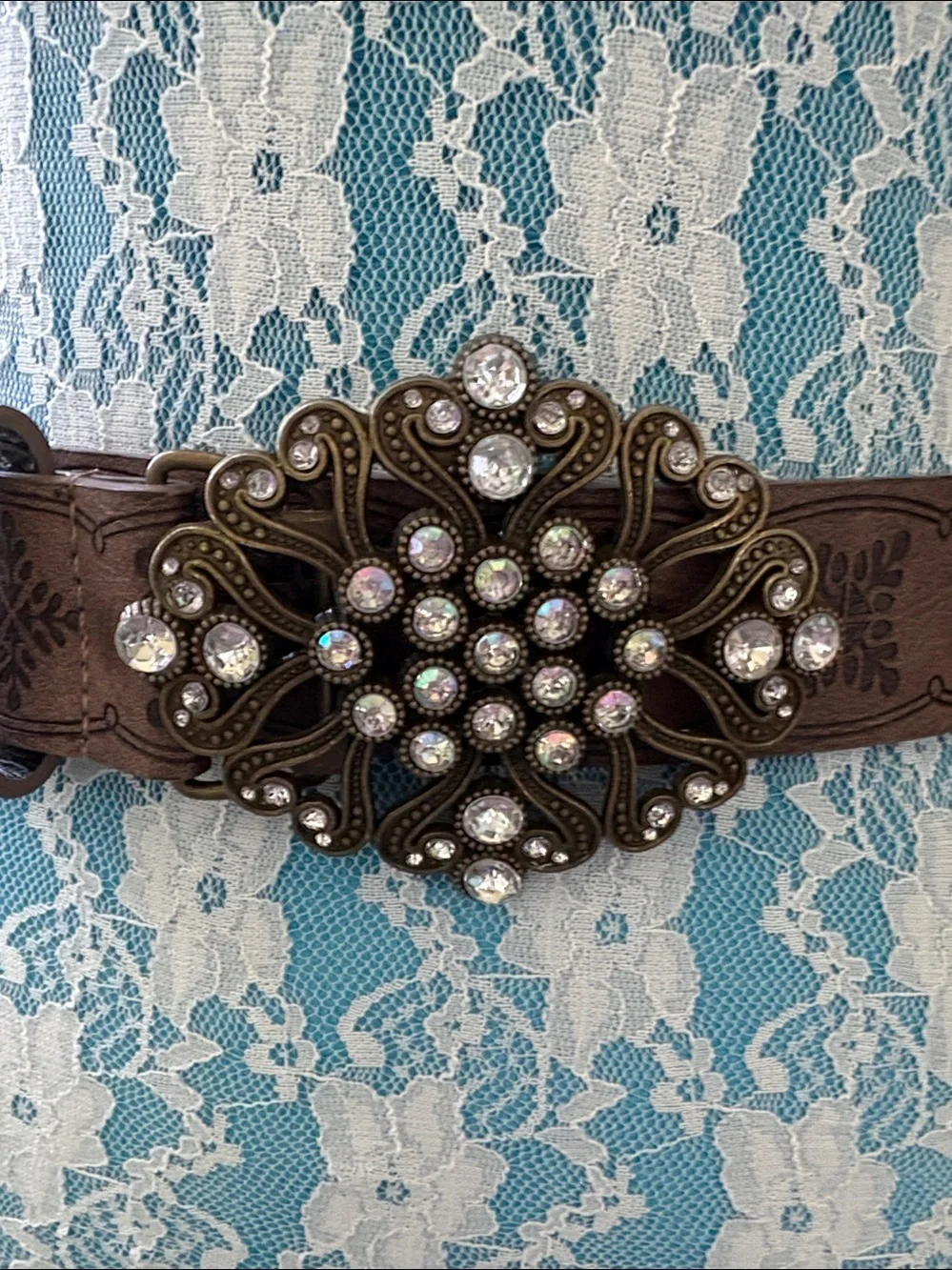 Belt  Brown faux leather /stamped motifs lightweight ornate rhinestone buckle
